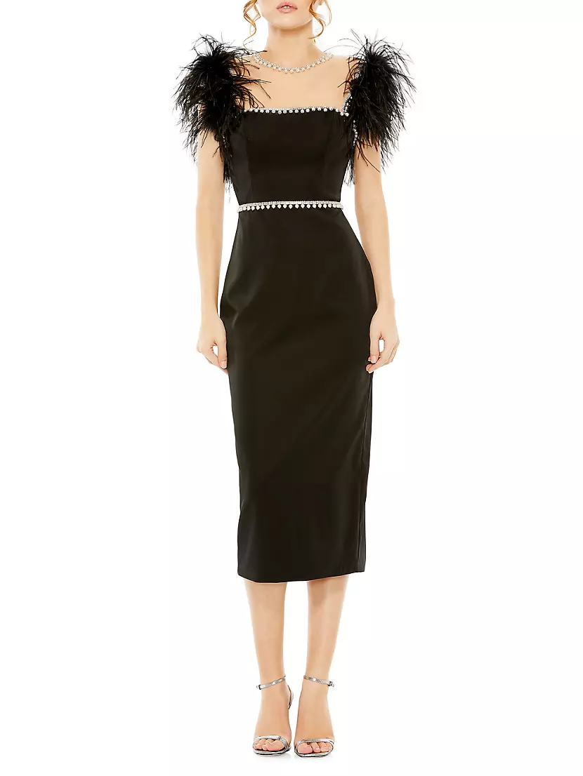 Shop Mac Duggal Feather & Pearl-Embellished Midi-Dress | Saks Fifth Avenue