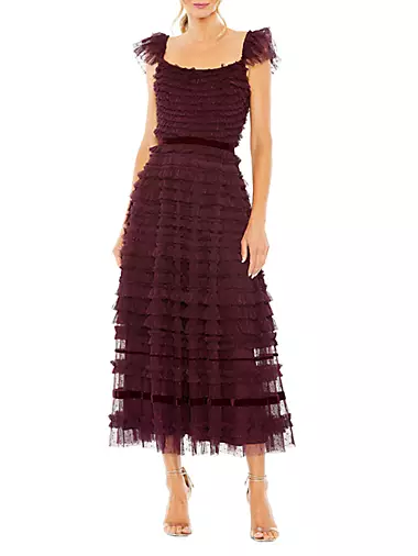 Flutter-Sleeve Tiered Ruffle Gown