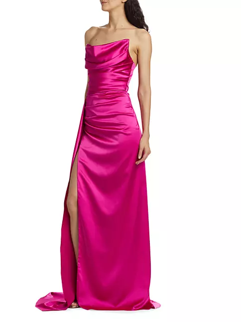 Shop Michael Costello Collection Gemini Strapless Gathered Satin Gown ...