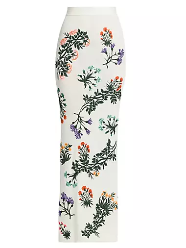 Embroidered Floral Rib-Knit Maxi Skirt