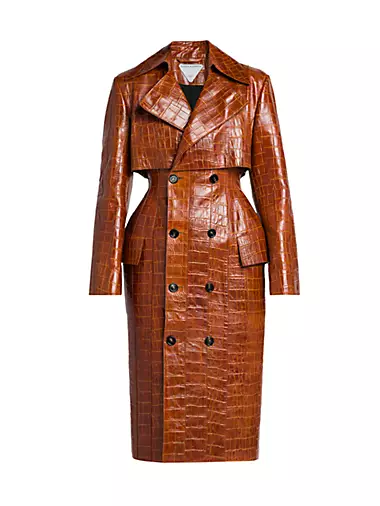 Double-Breasted Croc-Embossed Leather Coat