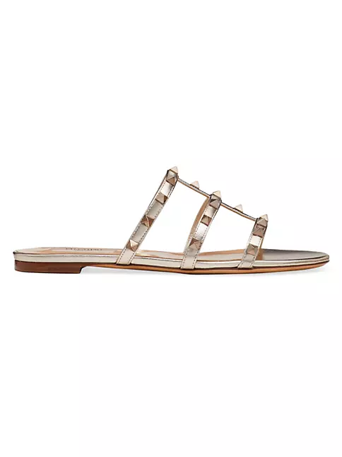 Shop Valentino Garavani Rockstud Flat Metallic Nappa Slide Sandals ...