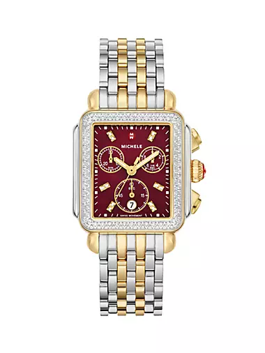 Deco Two-Tone Stainless Steel, Mother-Of-Pearl & 0.65 TCW Diamond Chronograph Watch/33MM x 35MM