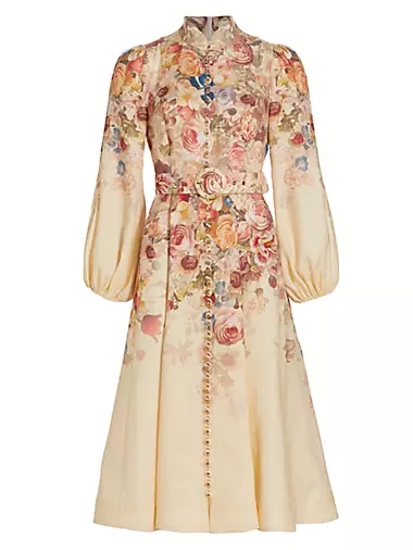 Luminosity Belted Floral Linen Midi-Dress