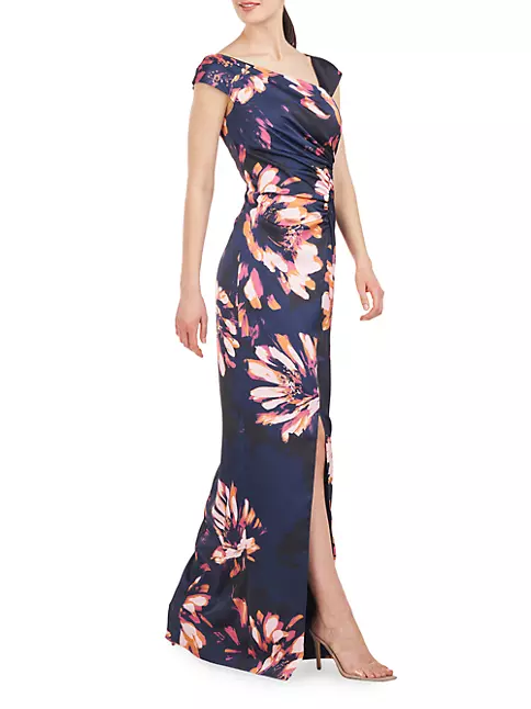 Shop Kay Unger Wafa Floral Charmeuse Column Gown | Saks Fifth Avenue