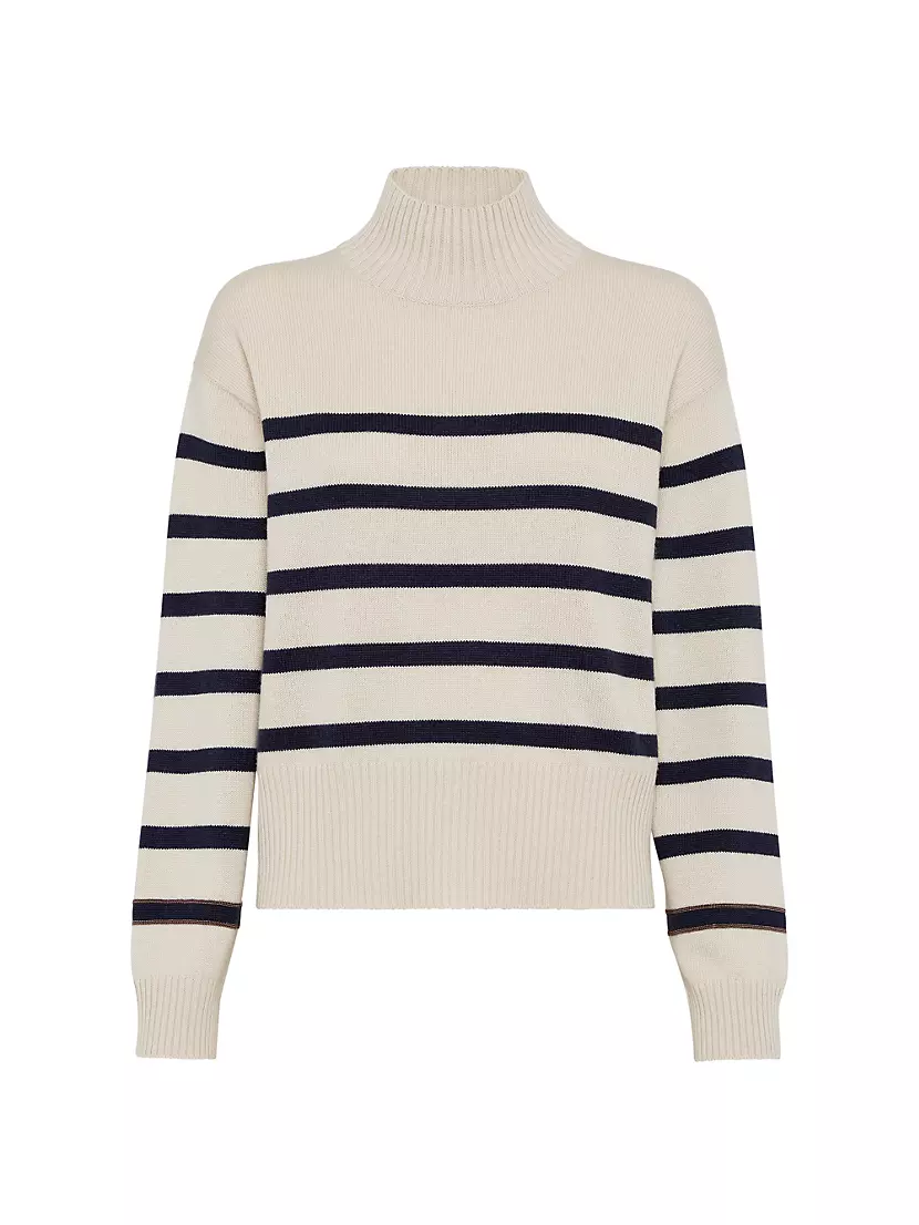 Shop Brunello Cucinelli Striped Cashmere Turtleneck Sweater With Shiny ...
