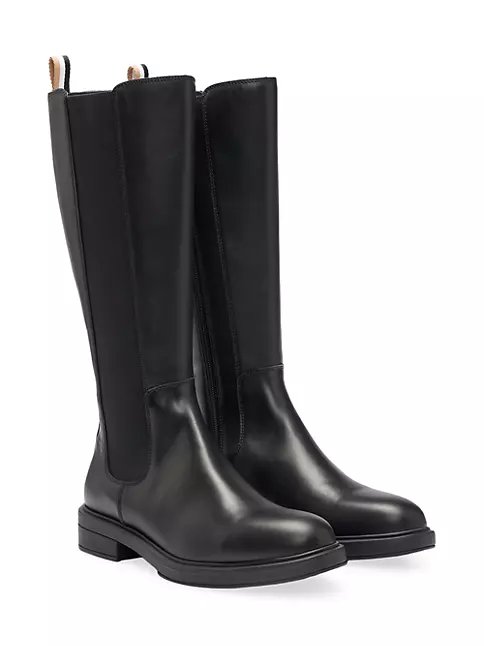 Shop BOSS Leather Knee Boots With Low Heel And Branded Trim | Saks ...