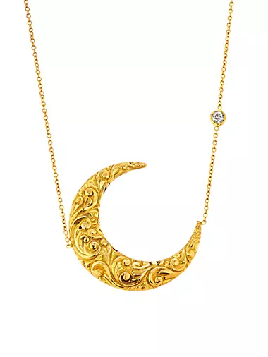 18K Yellow Gold & 0.1 TCW Diamond Filigreed Crescent Moon Pendant Necklace