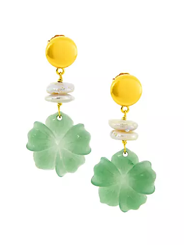 22K Gold-Plated, Jade Aventurine & Freshwater Pearl Flower Drop Earrings