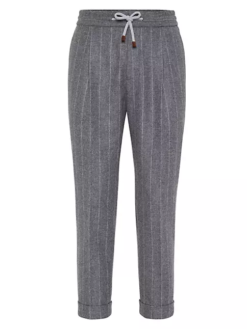 Virgin Wool Chalk Stripe Flannel Leisure Fit Trousers With Drawstring And Pleats