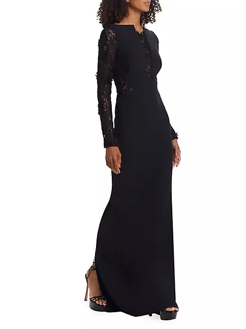 Shop Pamella Roland Lace-Paneled Long-Sleeve Gown | Saks Fifth Avenue