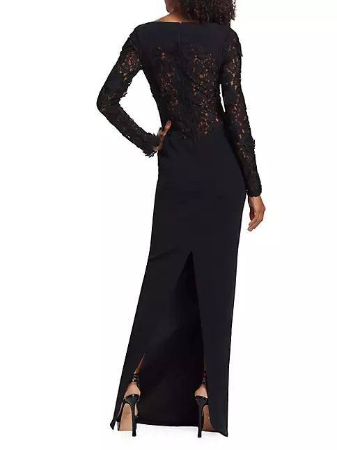 Shop Pamella Roland Lace-Paneled Long-Sleeve Gown | Saks Fifth Avenue