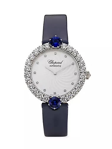 L'Heure Du Diamant 18K White Gold, 4.02 TCW Diamond & Blue Sapphire Watch