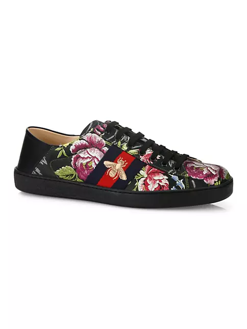 Shop Gucci New Ace Floral Jacquard & Leather Sneakers Fifth Avenue