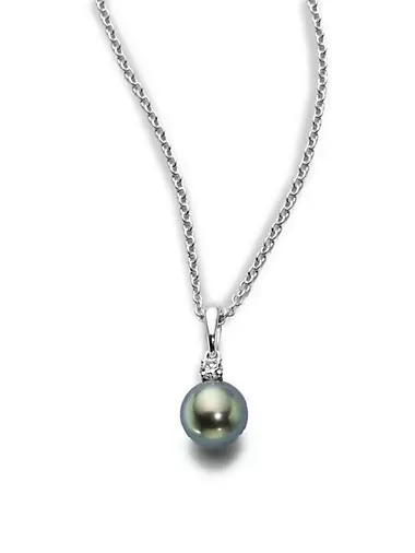8MM Black Cultured Pearl, Diamond & 18K White Gold Necklace