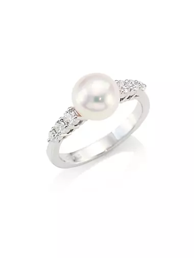 Morning Dew 18K White Gold, 8MM Cultured Akoya Pearl & Diamond Ring